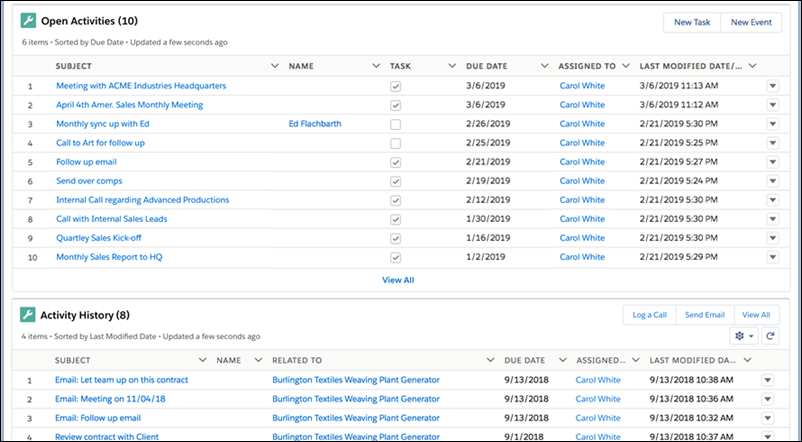 An example of a related lists view