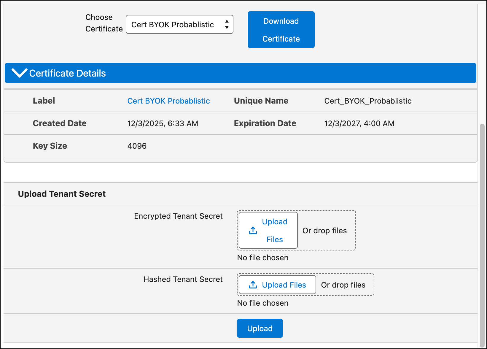 Upload a tenant secret for field-level encryption, files, or event bus data