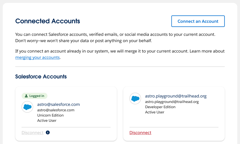 The Salesforce Accounts section of Astro's Trailblazer profile with the Disconnect button highlighted for an account.