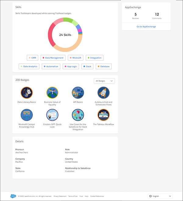 Mitad inferior de una página de perfil público, mostrando detalles Trailblazer, insignias y mucho más