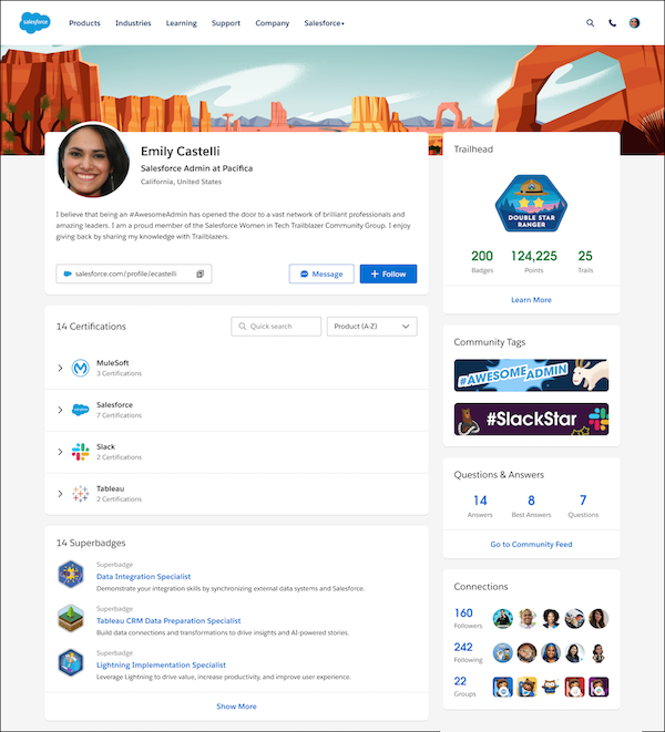 Mitad superior de una página de perfil público, mostrando detalles Trailblazer, insignias y mucho más