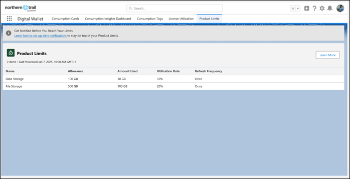 Product Limits tab with Platform Data Storage and Platform File Storage metrics: allowance, usage, utilization rate, refresh frequency.