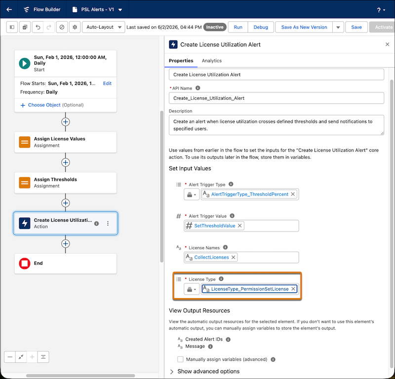 Create License Utilization Alert element displaying License Type set to LicenseType_PermissionSetLicense.