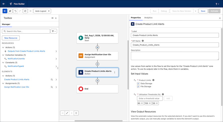 Create Product Limit Alerts action selecting Data Storage and File Storage limits with utilization thresholds at 80%, 100%, 50%.