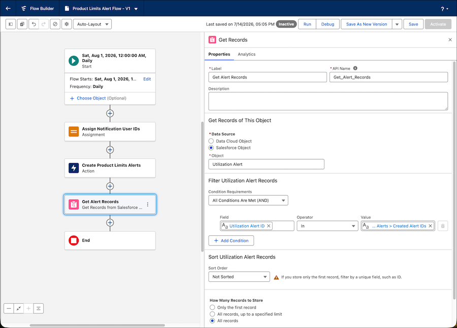 Get Records element (Get Alert Records) retrieving Utilization Alert records matching alert IDs.