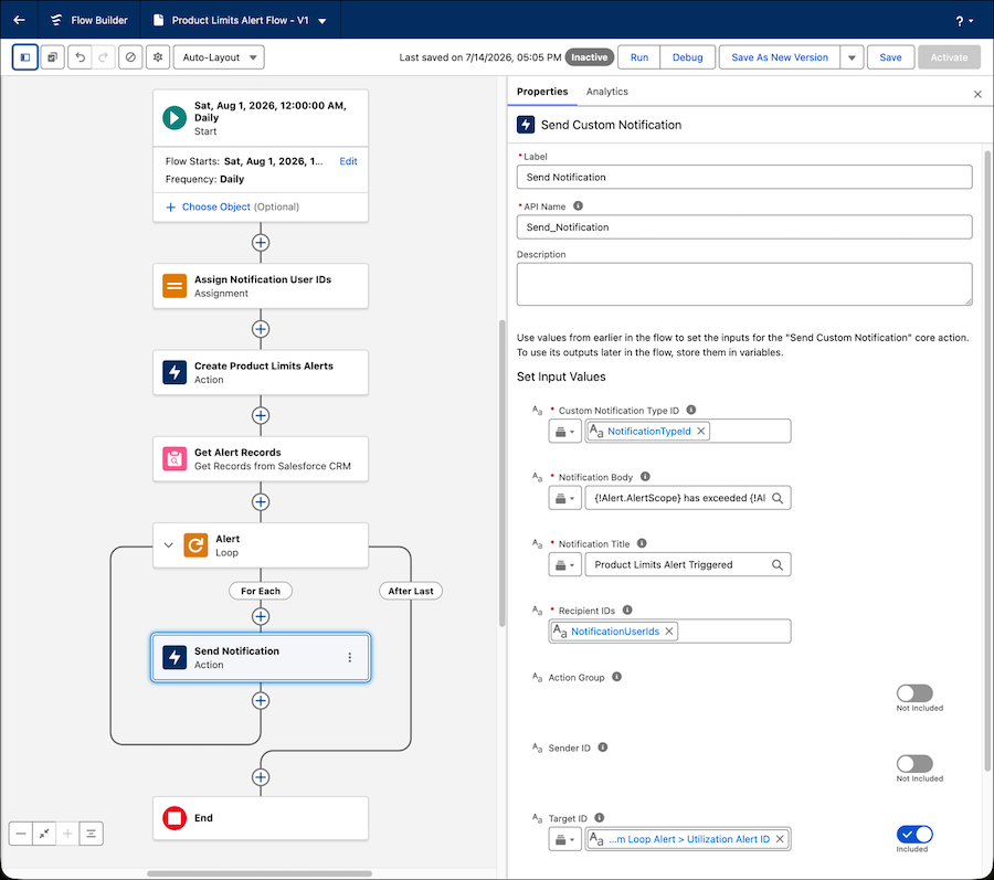 Loop element 'Alert' iterating through alert records, containing Send Custom Notification action configuration with notification body and recipient settings.