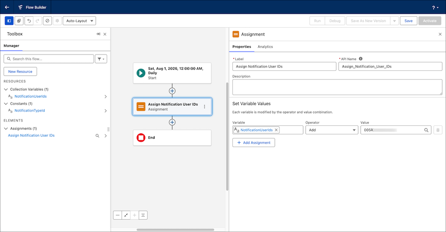 Flow Builder Assignment element labeled 'Assign Notification User IDs' configuring NotificationUserIds variable.