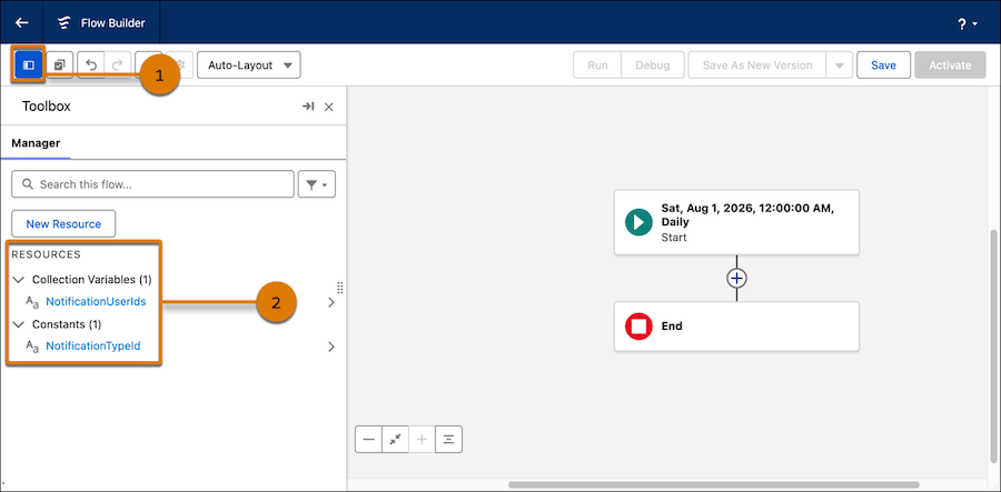 Flow Builder Toolbox Manager tab showing highlighted Resources: NotificationUserIds variable and NotificationTypeId constant.