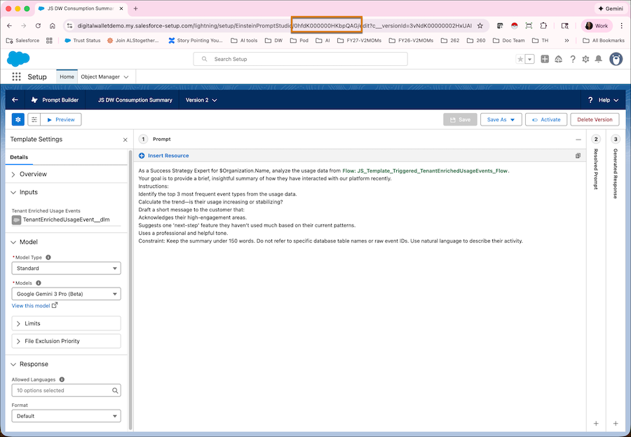 The prompt ID is highlighted in the prompt template URL.