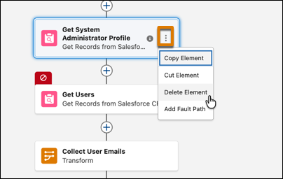 The element menu where you can delete the Get System Administrator Profile element.