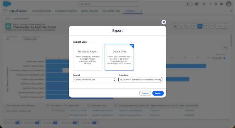 La ventana Exportar que indica seleccionar Solo detalles y muestra CSV como el formato de exportación que desee.